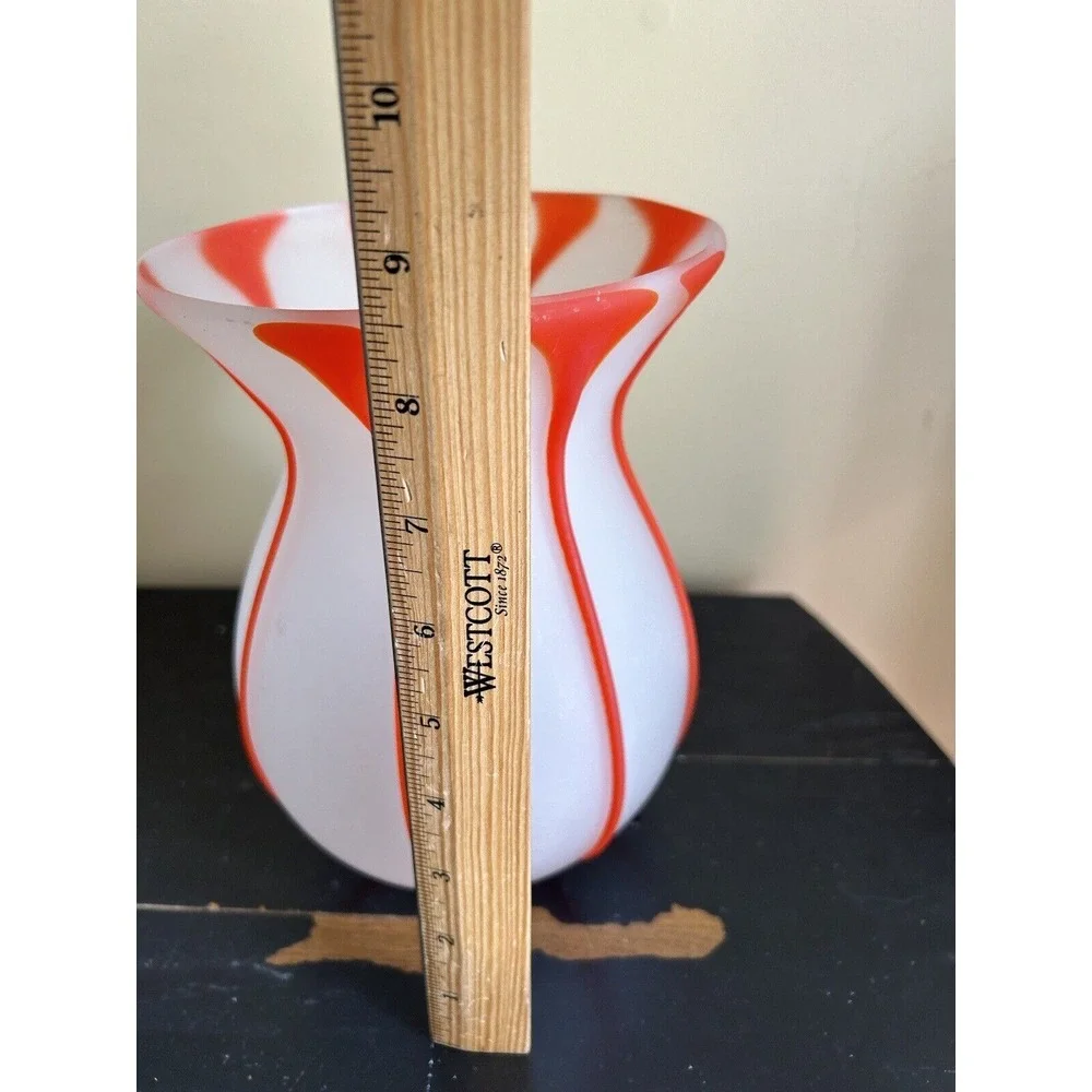 hand Blown Satin Glass With‎ Orange Textured Stripes Vase approx 8-1/2